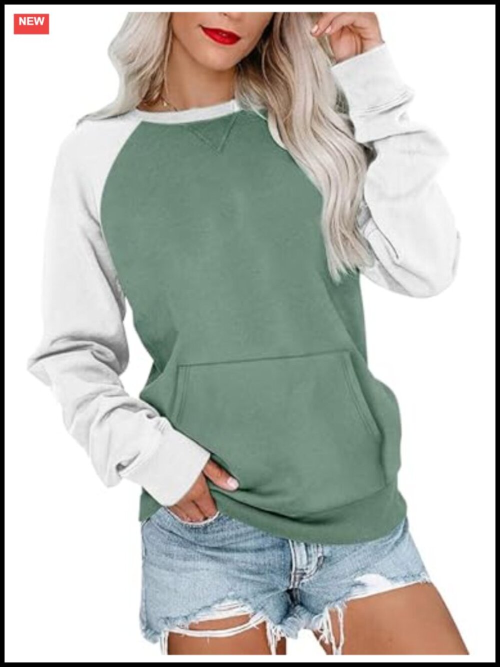 Womens Crewneck Sweatshirt Kangaroo Pocket Lightweight Pullover Top